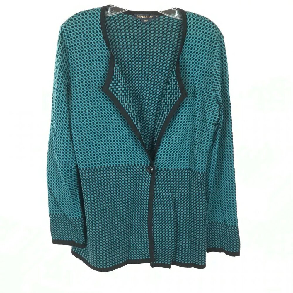 Womens Size Medium Pendleton Teal and Black Geometric Print Cardigan Sweater